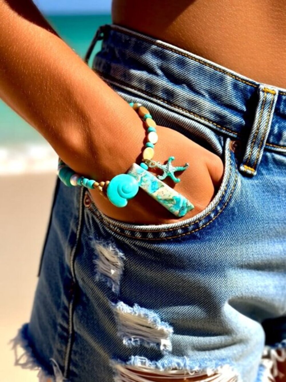Beachy! Sea Sediment Jasper + Starfish + Shell Beaded Loop + Button Bracelet